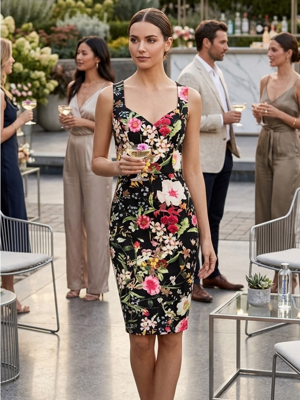 Bisou Bisou Black Floral Sheath Mini Dress with Pink & White Blooms